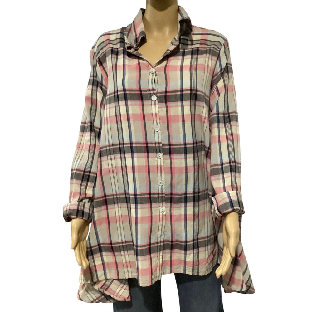Tulip Clothing Plaid Button-Down Swing Tunic Blouse with Pockets S (oversized)